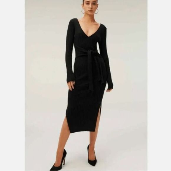 Good American Ribbed Knit Long Sleeve Belted Sweater Midi Dress - Picture 1 of 17